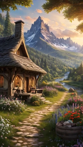 home landscape,summer cottage,fantasy landscape,country cottage,landscape background,hobbiton,fantasy picture,little house,cottage,the cabin in the mountains,alpine village,beautiful home,house in mountains,cartoon video game background,log cabin,small cabin,mountain settlement,house in the forest,springtime background,small house,Photography,General,Natural