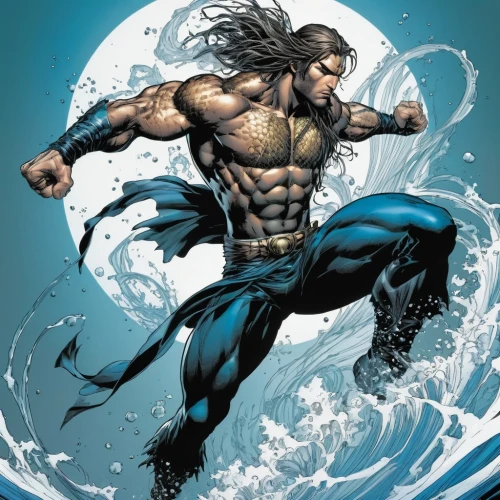 aquaman,poseidon,sea man,sea god,god of the sea,poseidon god face,the man in the water,god of thunder,wind warrior,shiva,lord shiva,dr. manhattan,water power,sea hawk,water splashes,the zodiac sign pisces,iceman,heroic fantasy,water splash,merman,Illustration,American Style,American Style 02