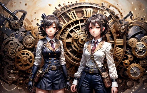 steampunk gears,steampunk,clockmaker,clockwork,key-hole captain,gears,cogs,anime japanese clothing,kantai collection sailor,calculating machine,cybernetics,cog,cogwheel,euphonium,play escape game live and win,ships wheel,combination machine,two girls,steam icon,game illustration