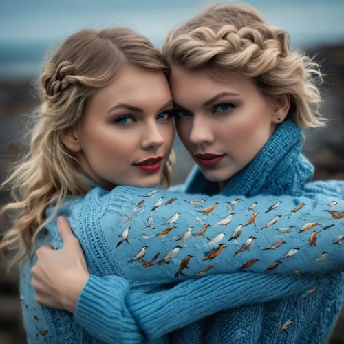 turquoise wool,beautiful photo girls,knitwear,knitted,red and blue,two girls,sisters,photo shoot for two,swifts,models,fashion models,knitting clothing,natural beauties,beauty icons,enchanting,sweater,two beauties,tayberry,scarf,sirens,Photography,General,Fantasy
