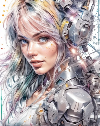 cyborg,valerian,sci fiction illustration,fantasy portrait,silver,cybernetics,scifi,mecha,vector girl,metallic,robotic,illustrator,mechanical,fantasy art,biomechanical,cg artwork,armour,gemini,constellation unicorn,amano