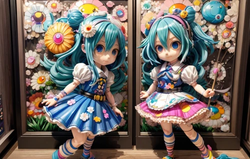 harajuku,hatsune miku,doll figures,doll looking in mirror,twin flowers,figurines,vocaloid,dolls,doll kitchen,fashion dolls,naginatajutsu,porcelain dolls,artist doll,butterfly dolls,christmas dolls,miku,blue daisies,doll's festival,kotobukiya,flower booth