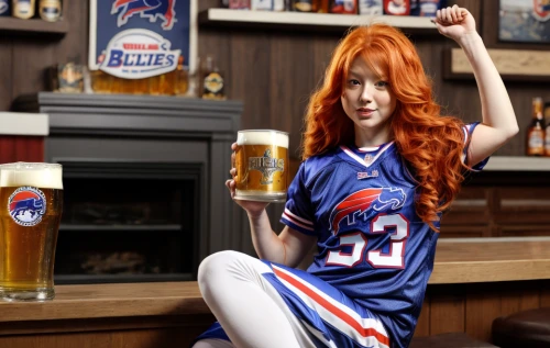 barmaid,pint glass,national football league,ginger rodgers,sports jersey,sports girl,pabst blue ribbon,nfl,football player,sports fan accessory,beer pitcher,sports uniform,sports drink,football fan accessory,redheads,cheerleader,beer match,drinking glasses,super bowl,beer glass