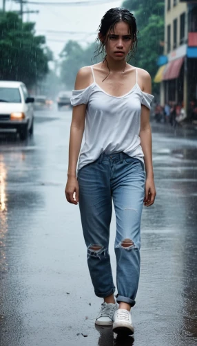 walking in the rain,woman walking,in the rain,girl walking away,rain pants,pedestrian,a pedestrian,wet,white shirt,menswear for women,monsoon,woman free skating,heavy rain,girl in overalls,woman in menswear,filipino,strong woman,rain drop,women fashion,white clothing,Photography,General,Realistic