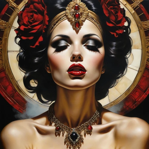 queen of hearts,venetian mask,gothic portrait,black-red gold,vampire woman,art deco woman,black rose hip,vampire lady,fantasy art,gothic woman,painted lady,lady of the night,priestess,the enchantress,sorceress,fantasy woman,the carnival of venice,queen of the night,voodoo woman,rosa ' amber cover,Illustration,Realistic Fantasy,Realistic Fantasy 10