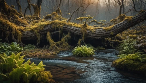 swamp,fairy forest,elven forest,forest moss,swampy landscape,fairytale forest,tree moss,the ugly swamp,forest floor,mountain spring,moss,forest glade,the roots of trees,flowing creek,enchanted forest,bayou,fairy world,the brook,winter forest,underground lake,Photography,General,Fantasy