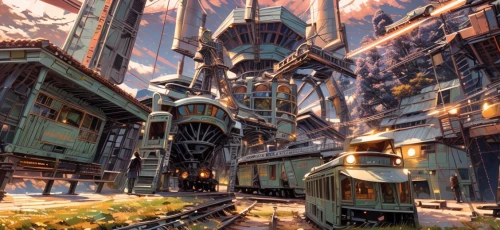 fantasy city,metropolis,industrial ruin,industrial landscape,refinery,destroyed city,merchant train,ancient city,studio ghibli,valerian,citadel,fantasy world,the train,violet evergarden,trains,mining facility,dystopia,bastion,train cemetery,ship yard