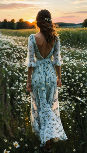 girl in a long dress from the back,girl in a long dress,girl in white dress,girl in flowers,sun bride,country dress,blooming field,flower girl,beautiful girl with flowers,long dress,white dress,wedding dress,a girl in a dress,summer evening,chamomile in wheat field,vintage dress,evening dress,wedding gown,floral dress,flower in sunset,Conceptual Art,Oil color,Oil Color 11