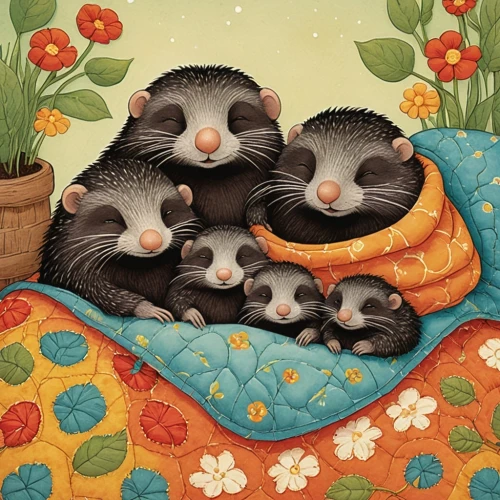 hedgehogs hibernate,hedgehogs,otters,hedgehog heads,warm and cozy,spring nest,charcoal nest,snuggle,parsley family,whimsical animals,raccoons,common opossum,guinea pigs,otter baby,piglets,baby rats,lilo,hoglet,bear cubs,daisy family,Illustration,Children,Children 01