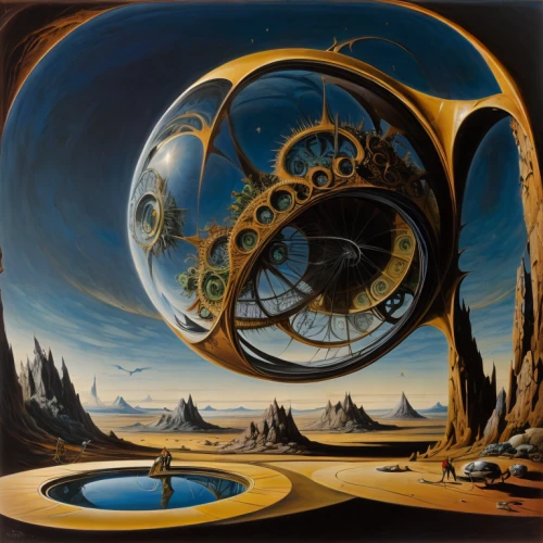 copernican world system,orrery,time spiral,klaus rinke's time field,geocentric,planet eart,clockmaker,flow of time,armillary sphere,planetary system,surrealism,gyroscope,dali,planisphere,futuristic landscape,astronomical clock,epicycles,moon phase,fantasy art,surrealistic