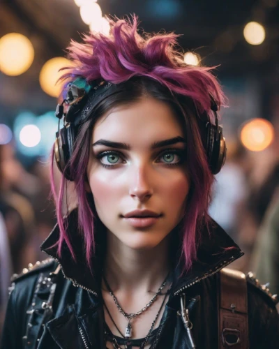 grunge,cyberpunk,punk,streampunk,steampunk,wireless headset,headphones,headset,headphone,wireless headphones,punk design,violet,music background,mystical portrait of a girl,listening to music,echo,street fashion,fashionable girl,hipster,young woman,Photography,Natural