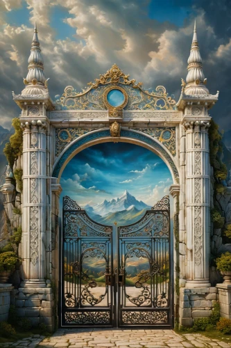 heaven gate,victory gate,gateway,gates,front gate,iron gate,triumphal arch,farm gate,gate,tori gate,fence gate,city gate,fantasy world,3d fantasy,metal gate,fantasy picture,garden door,archway,portal,wood gate,Photography,General,Fantasy