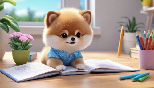 tutor,pomeranian,tutoring,fluffy diary,child fox,dog illustration,girl studying,scholar,cute cartoon character,learn to write,dog drawing,shiba inu,shiba,cute fox,cute cartoon image,to study,corgi,pencil icon,adorable fox,working dog,Unique,3D,3D Character