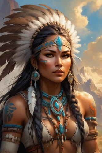 pocahontas,american indian,warrior woman,native american,cherokee,the american indian,tribal chief,indian headdress,female warrior,amerindien,ancient egyptian girl,polynesian girl,shamanic,native,shamanism,aborigine,headdress,red cloud,feather headdress,indian woman,Illustration,Realistic Fantasy,Realistic Fantasy 01