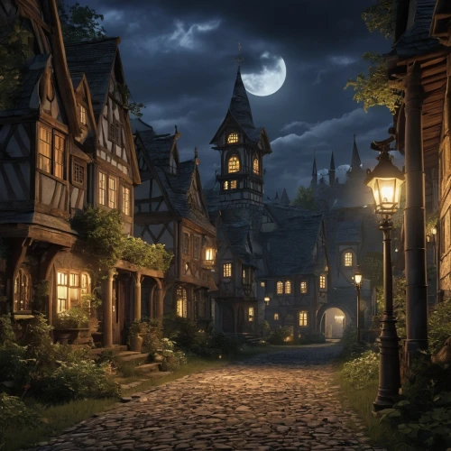 witch's house,hogwarts,medieval street,fantasy picture,halloween background,knight village,aurora village,fairy tale,witch house,fairy tale castle,night scene,a fairy tale,night image,medieval town,magical adventure,moonlit night,fantasy landscape,devilwood,children's fairy tale,fantasy world,Photography,General,Realistic