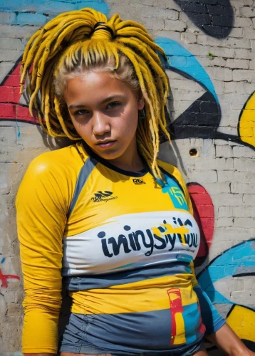 women's football,dreadlocks,ukrainian,soccer player,footballer,yellow brick wall,olodum,yellow wall,bodypaint,cornrows,sports jersey,mali,rugby player,ukraine,colombia,toni,brazilianwoman,rasta braids,football player,ukraine uah,Conceptual Art,Graffiti Art,Graffiti Art 04