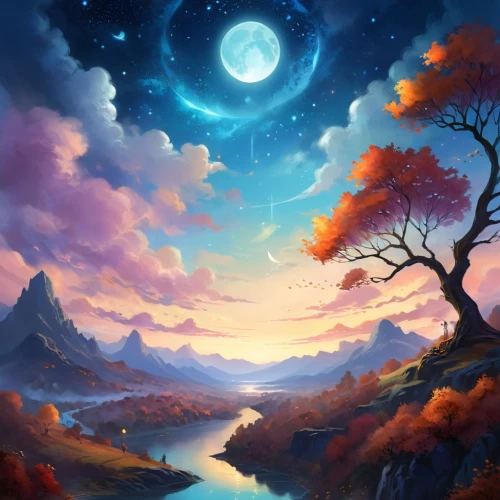 fantasy landscape,landscape background,fantasy picture,moon and star background,autumn background,lunar landscape,autumn landscape,fantasy art,beautiful landscape,moonlit night,nature landscape,world digital painting,autumn mountains,dusk background,high landscape,autumn sky,fall landscape,mountain landscape,hanging moon,night sky,Illustration,Realistic Fantasy,Realistic Fantasy 01