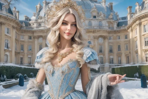 the snow queen,suit of the snow maiden,white rose snow queen,ice princess,versailles,ice queen,elsa,princess sofia,fantasy picture,iulia hasdeu castle,miss circassian,cinderella,winterblueher,jessamine,french digital background,fairy tale character,fairytale,lycia,fairy tale,venetia,Photography,Realistic