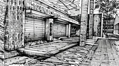 store fronts,wooden pallets,decking,wireframe graphics,wooden construction,loading dock,pallets,wireframe,warehouse,wooden decking,comic style,monochrome photography,alleyway,wooden houses,japanese architecture,dilapidated building,formwork,gray-scale,kowloon city,benches,Design Sketch,Design Sketch,None