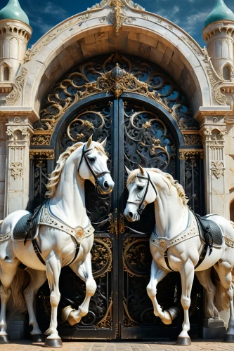andalusians,two-horses,the horse at the fountain,equestrian statue,front gate,arabian horses,horses,man and horses,bremen town musicians,cavalry,beautiful horses,horse stable,portal,seville,puy du fou,stables,equine,white horses,equines,konik,Photography,General,Fantasy