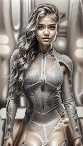 silver,biomechanical,sci fiction illustration,ronda,cyborg,female warrior,silvery,harnessed,breastplate,sci fi,ai,cybernetics,fantasy woman,pewter,gradient mesh,silver surfer,artificial hair integrations,digital compositing,aluminum,hard woman