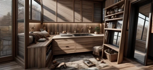 wooden sauna,3d rendering,japanese-style room,kitchen design,render,wooden windows,cabin,3d rendered,small cabin,laundry room,3d render,room divider,kitchen interior,wooden shutters,sauna,cabinetry,dark cabinetry,wooden hut,modern room,wooden house