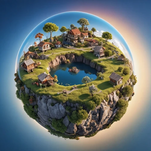 little planet,floating island,floating islands,fantasy world,circular puzzle,earth in focus,terraforming,hobbiton,greek in a circle,3d fantasy,small planet,dream world,yard globe,artificial islands,tiny world,planet earth view,fairy world,island suspended,the earth,a circle