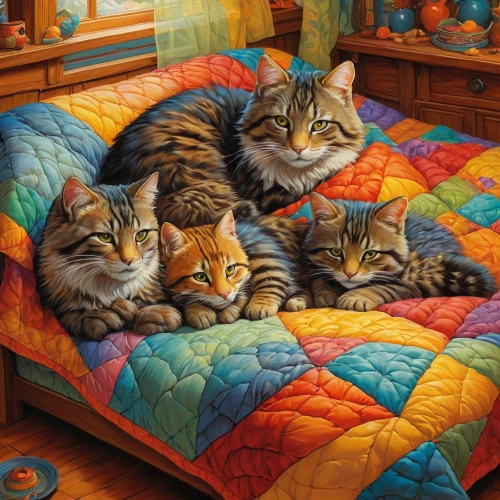 cat family,vintage cats,cat bed,felines,bed linen,ginger family,bedding,cat image,kittens,american curl,cat furniture,cats,cat lovers,red tabby,baby cats,cat in bed,sofa cushions,domestic cat,cat resting,tabby cat,Illustration,Realistic Fantasy,Realistic Fantasy 03