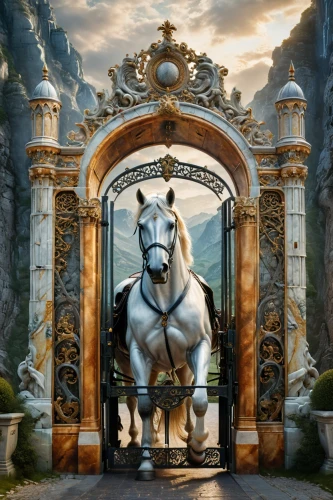 white horse,a white horse,the horse at the fountain,carousel horse,fantasy picture,equestrian statue,equestrian,equine,shire horse,fantasy art,horseback,unicorn art,carriage,man and horses,carnival horse,digital compositing,big horse,equestrianism,horseman,two-horses,Photography,General,Fantasy
