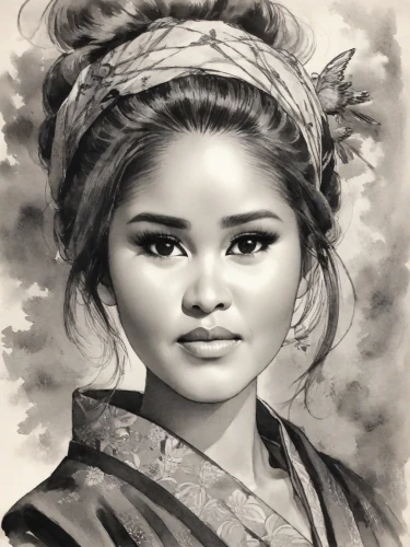 vietnamese woman,oriental girl,mulan,asian woman,geisha girl,girl portrait,charcoal drawing,polynesian girl,girl drawing,oriental princess,charcoal pencil,burmese,geisha,chinese art,japanese woman,portrait of a girl,hanbok,pencil drawing,indian girl,mystical portrait of a girl,Digital Art,Ink Drawing