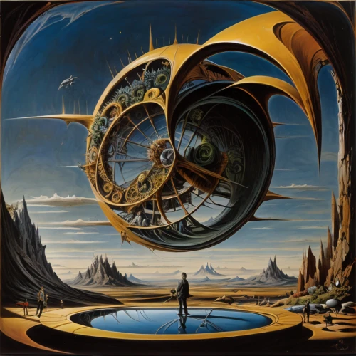 planet eart,copernican world system,stargate,futuristic landscape,geocentric,euclid,time spiral,clockmaker,armillary sphere,gyroscope,klaus rinke's time field,flow of time,orrery,planetary system,science fiction,heliosphere,planisphere,equilibrium,science-fiction,surrealism