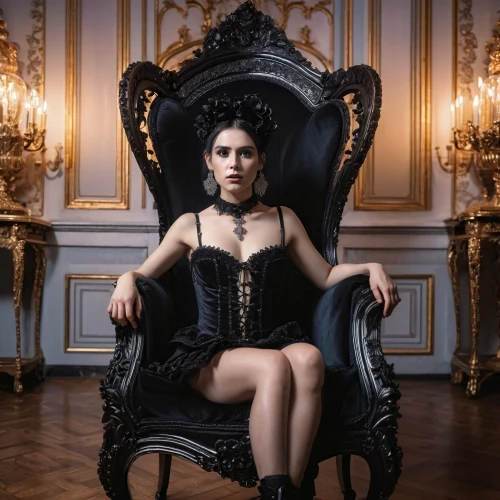 throne,the throne,femme fatale,baroque,queen of the night,sitting on a chair,venetia,rococo,thrones,regal,queen cage,iulia hasdeu castle,goura victoria,gothic fashion,ornate,the crown,gothic portrait,burlesque,queen crown,elegance