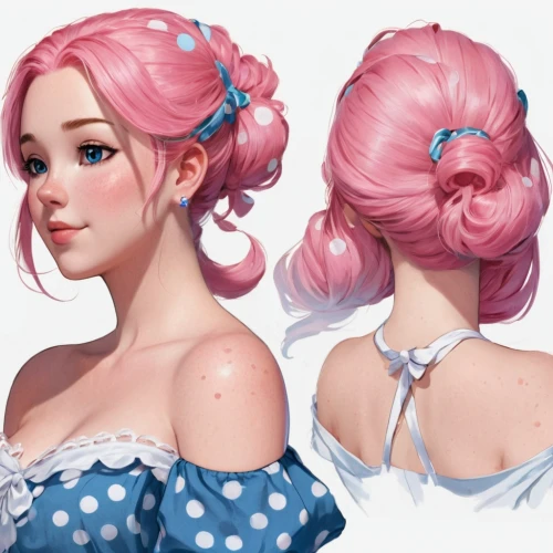 milkmaid,updo,hairstyles,cotton candy,stylized macaron,pony tails,ruffle,gingham flowers,ponytail,curlers,the sea maid,studies,hair ribbon,frilly,pink bow,pink hair,princess' earring,hairpins,hair accessory,dribbble,Unique,Design,Character Design