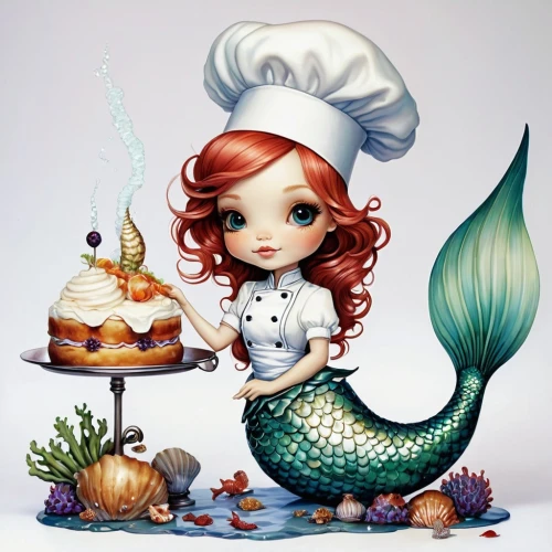the sea maid,mermaid background,mermaid vectors,confectioner,little mermaid,mermaid,green mermaid scale,mermaid scale,shrimp croquette,cooking book cover,doll kitchen,pastry chef,bouillabaisse,gold foil mermaid,stylized macaron,chef,fairy tale character,believe in mermaids,let's be mermaids,ariel,Illustration,Abstract Fantasy,Abstract Fantasy 11