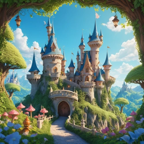 fairy tale castle,fairy world,fairytale castle,fairy village,fantasy world,fairy tale,disney castle,a fairy tale,fairytale,disneyland park,3d fantasy,children's fairy tale,fairy forest,dream world,cartoon video game background,fantasia,fantasy city,rapunzel,fairytale forest,knight's castle,Illustration,Realistic Fantasy,Realistic Fantasy 02