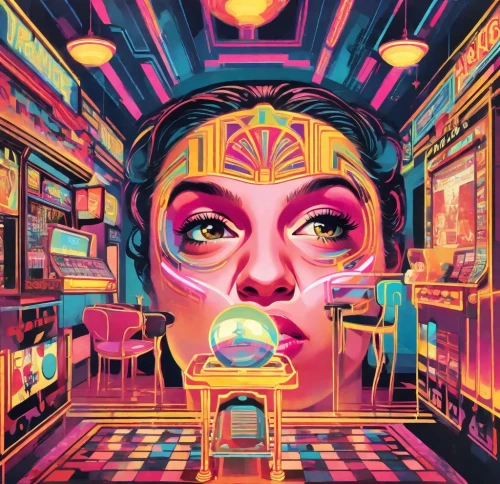 psychedelic art,neon coffee,pinball,kaleidoscope art,retro diner,sci fiction illustration,digital illustration,soda shop,kaleidoscope,the coffee shop,woman at cafe,soda fountain,cashier,psychedelic,jukebox,fortune teller,digital artwork,diner,third eye,retro woman,Digital Art,Classicism
