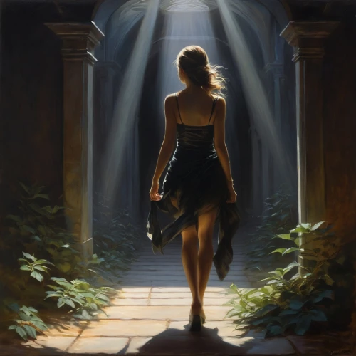 girl walking away,mystical portrait of a girl,woman walking,world digital painting,digital painting,pathway,guiding light,girl on the stairs,the threshold of the house,threshold,light bearer,girl in a long dress,girl in a long,passage,glow of light,inner light,the light,fantasy picture,the mystical path,walkway,Conceptual Art,Fantasy,Fantasy 13