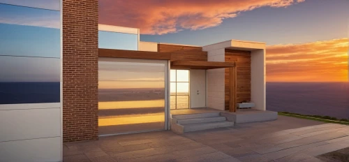 window with sea view,block balcony,cubic house,sky apartment,ocean view,3d rendering,dunes house,sliding door,penthouse apartment,metallic door,modern architecture,observation deck,glass wall,wooden windows,landscape design sydney,luxury real estate,the observation deck,shipping containers,room divider,glass window