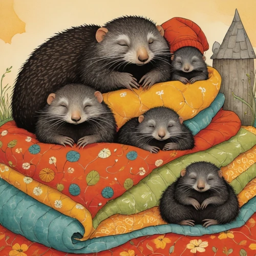 otters,hedgehogs hibernate,hedgehogs,charcoal nest,warm and cozy,raccoons,otter baby,robin's nest,otterbaby,common opossum,nesting dolls,otter,whimsical animals,nesting,hedgehog heads,polecat,sleeping bag,baby rats,snuggle,villagers,Illustration,Realistic Fantasy,Realistic Fantasy 29