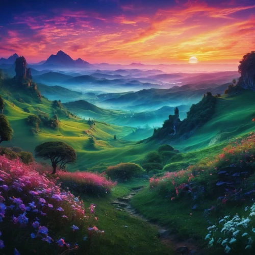 purple landscape,fantasy landscape,landscape background,mountain landscape,fantasy picture,beautiful landscape,nature landscape,meadow landscape,mountain sunrise,mountainous landscape,colorful background,mountain scene,mushroom landscape,high landscape,meadow in pastel,background colorful,landscape nature,landscape,the landscape of the mountains,world digital painting,Illustration,Realistic Fantasy,Realistic Fantasy 37