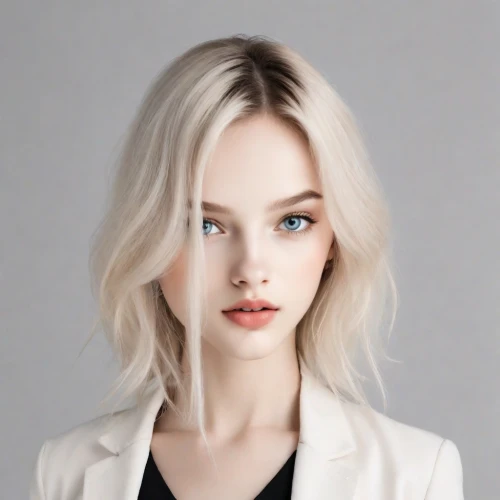 wallis day,pale,short blond hair,cool blonde,asymmetric cut,blond girl,blonde woman,retouching,lily-rose melody depp,white coat,white beauty,portrait background,natural cosmetic,natural color,blonde girl,smooth hair,artificial hair integrations,model beauty,smart look,blond hair