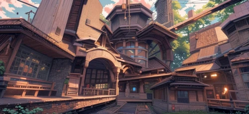 tenement,hanging houses,abandoned place,ancient house,fractal environment,dandelion hall,3d render,kirrarchitecture,ancient city,wooden houses,ruin,apartment house,abandoned places,ancient buildings,terracotta,lost place,escher village,roofs,3d fantasy,lostplace