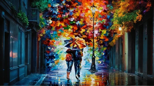 oil painting on canvas,walking in the rain,umbrellas,man with umbrella,colorful life,art painting,colorful city,colorful light,oil painting,colorful heart,romantic scene,colorful balloons,girl walking away,colorful background,two people,young couple,dancing couple,umbrella,oil on canvas,pedestrian