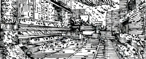 mono-line line art,alleyway,townscape,narrow street,air-raid shelter,blind alley,canal tunnel,kowloon city,game drawing,old linden alley,alley,underpass,railway tunnel,passage,escher village,mono line art,pen drawing,destroyed city,metropolis,city scape,Design Sketch,Design Sketch,None