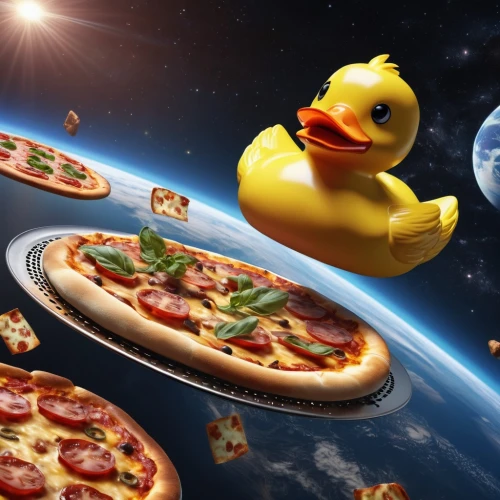fry ducks,spacescraft,order pizza,pizol,flying food,space voyage,space tourism,outer space,pizza supplier,nasa,the pizza,space travel,universe,federation,duck,pizza stone,digital compositing,space,solar system,ducky,Photography,General,Realistic