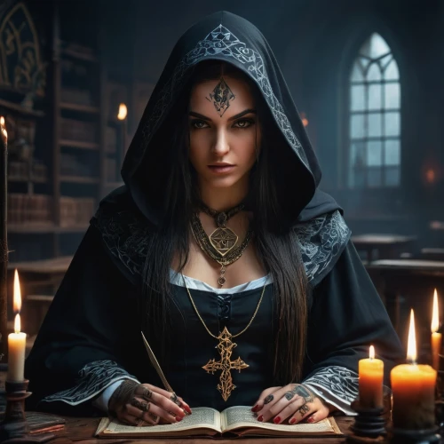 gothic portrait,seven sorrows,gothic woman,sorceress,priestess,divination,candlemaker,witches pentagram,prayer book,gothic fashion,pentacle,gothic style,scholar,occult,magic grimoire,the witch,gothic,massively multiplayer online role-playing game,librarian,fortune teller,Photography,General,Fantasy