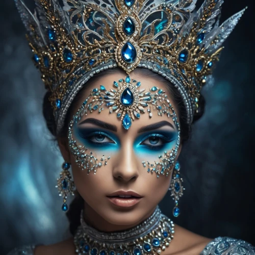 blue enchantress,venetian mask,ice queen,headdress,the carnival of venice,fantasy art,masquerade,headpiece,the snow queen,fantasy portrait,diadem,queen of the night,queen crown,crowned,cleopatra,fantasy woman,the enchantress,indian headdress,imperial crown,blue peacock,Photography,General,Fantasy