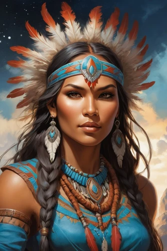 pocahontas,american indian,cherokee,warrior woman,native american,the american indian,amerindien,shamanic,shamanism,indian headdress,tribal chief,native,female warrior,indigenous,red cloud,first nation,ancient people,natives,cheyenne,indigenous painting,Illustration,Realistic Fantasy,Realistic Fantasy 01