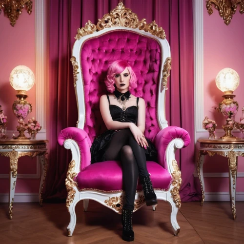 pink chair,throne,the throne,queen,queen cage,queen s,queen bee,queen crown,sitting on a chair,femme fatale,queen of the night,pink lady,queen of hearts,monarchy,dark pink in colour,pink background,celtic queen,dollhouse,pvc,blonde on the chair,Photography,General,Realistic