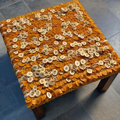 coffee table,honeycomb stone,flower blanket,wooden table,card table,felted and stitched,flower fabric,bhakri,floral chair,sofa tables,sweet table,small table,poker table,end table,flowers fabric,rug pad,orange floral paper,conference room table,ramaria,edible mushroom,Photography,General,Realistic